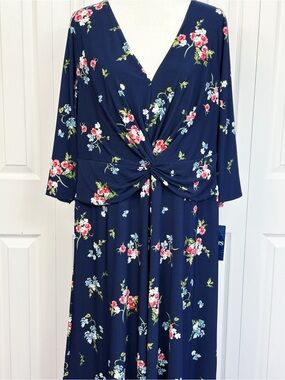 NWT Chaps Navy Blue Floral V-Neck Ruched Waist Fit & Flare Midi Dress 20W
